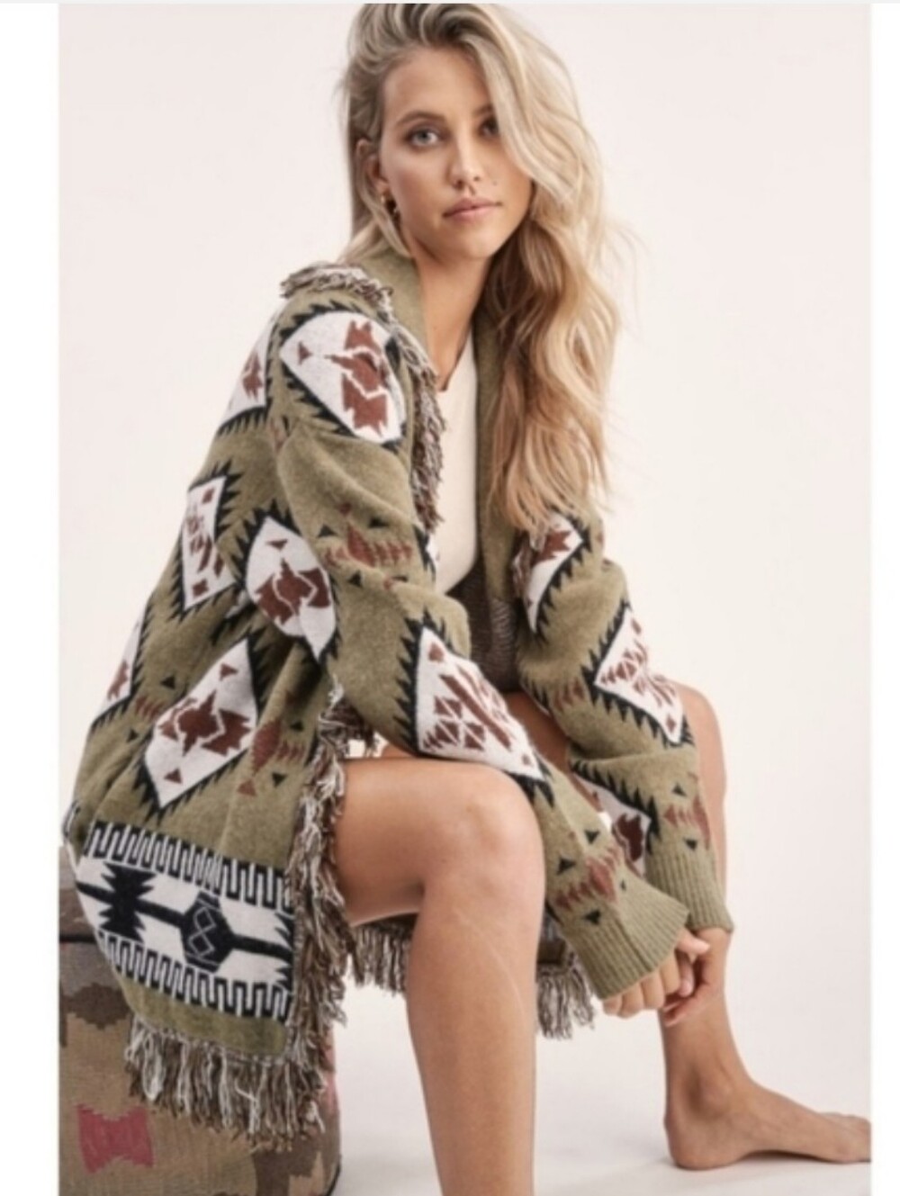 Boho Western Fringe Open-Front Cardigan Sweater - Olive/White/Brown Fall Winter